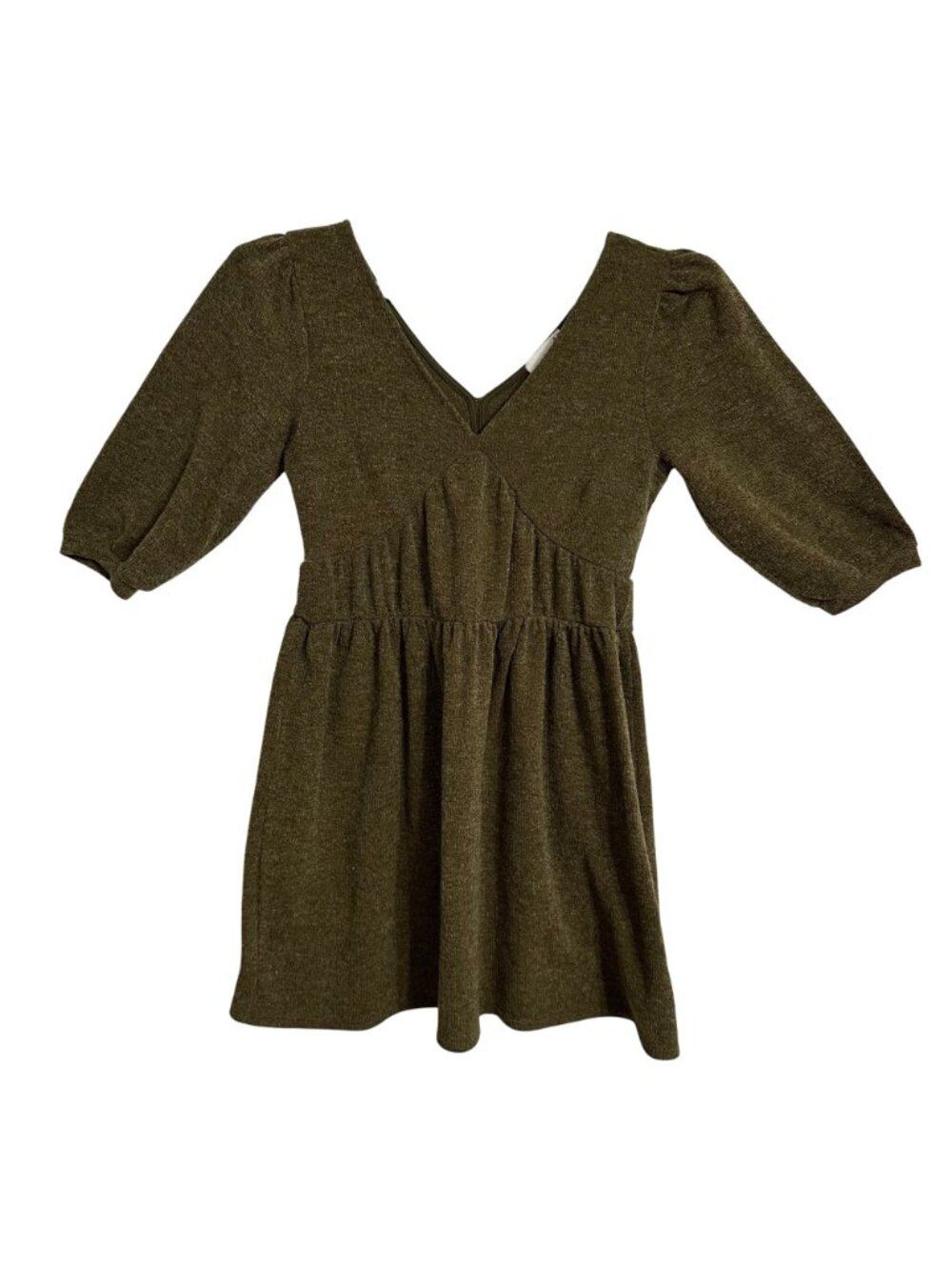 Anthropologie RO+DE Moss Green V-Neck Dress Puff Sleeve Milkmaid Small Babydoll - Picture 2 of 7
